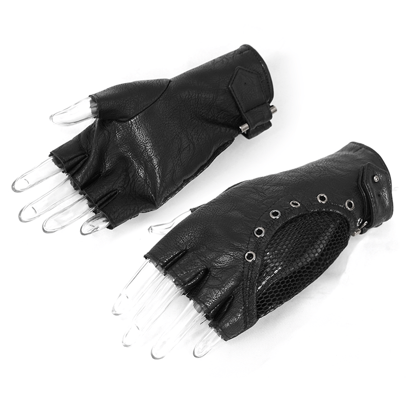 Punk Adjustable Straps Fingerless Gloves / Black PU Leather Mesh Gloves in Gothic Style - HARD'N'HEAVY