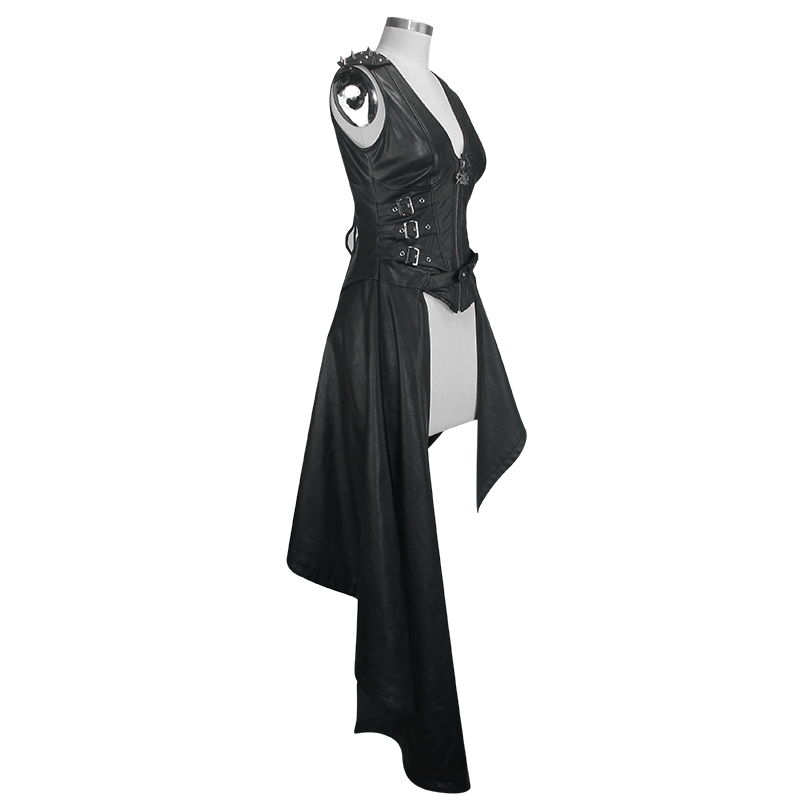 Punk Asymmetrically Dress with Spiked Rivets / Women's Imitation Leather Dress with Zipper - HARD'N'HEAVY