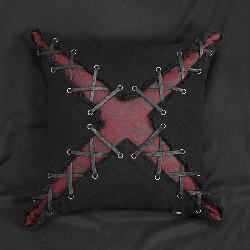 Punk Black and Red X-shaped Pillow / Vintage Decorative Pillow For the Home With Lacing - HARD'N'HEAVY