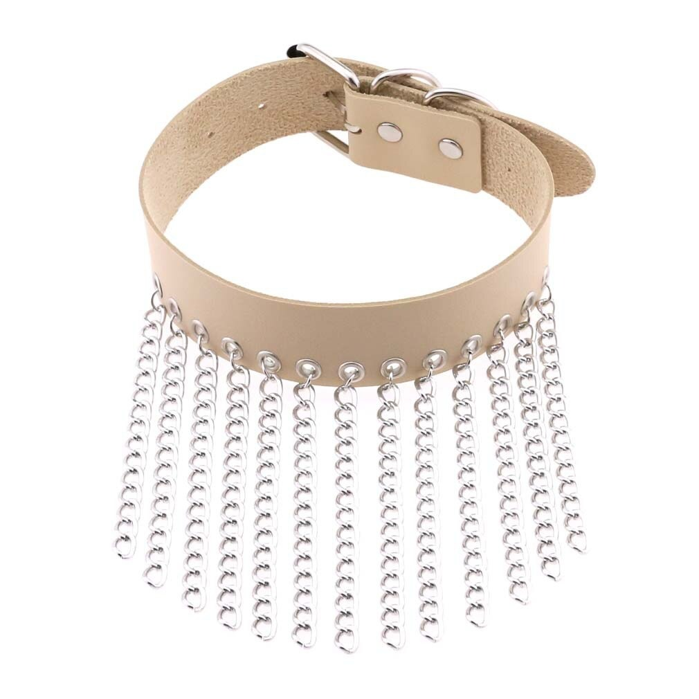 Punk black leather choker with silver chains, stylish goth collar for women, perfect fashion accessory.