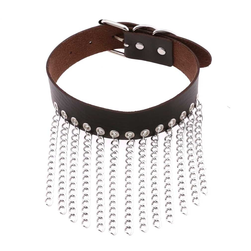 Punk black leather choker with silver chains, stylish goth collar accessory for women, perfect for edgy fashion looks.