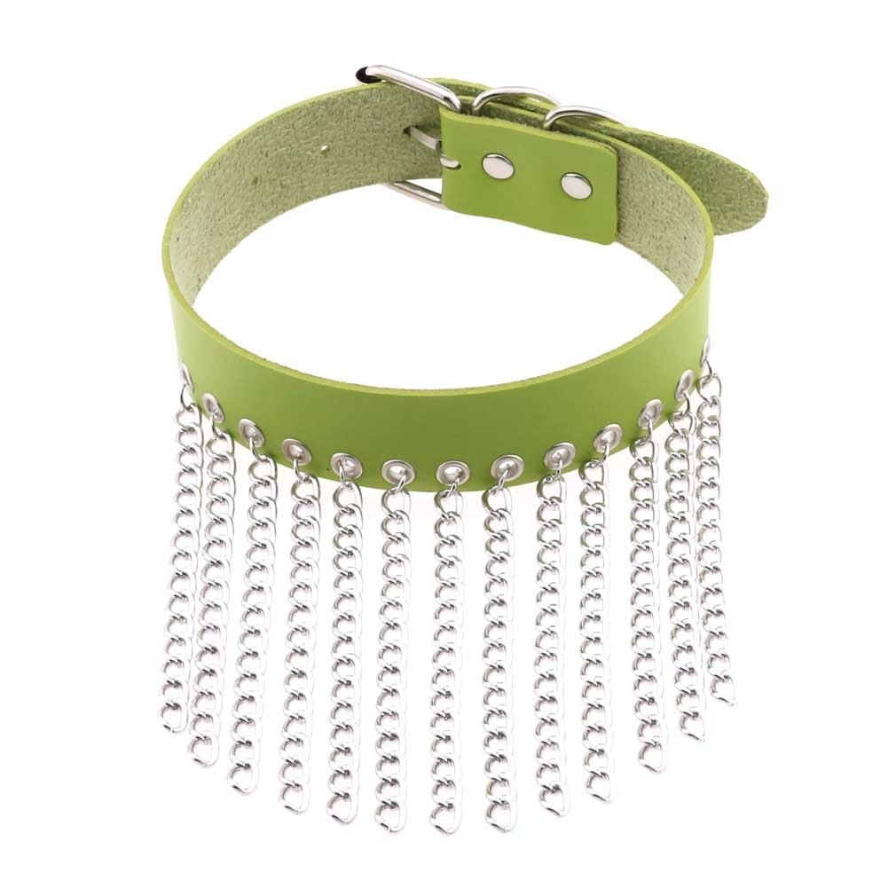 Punk green leather choker with silver chains, a stylish accessory for goth girls and fashion lovers.