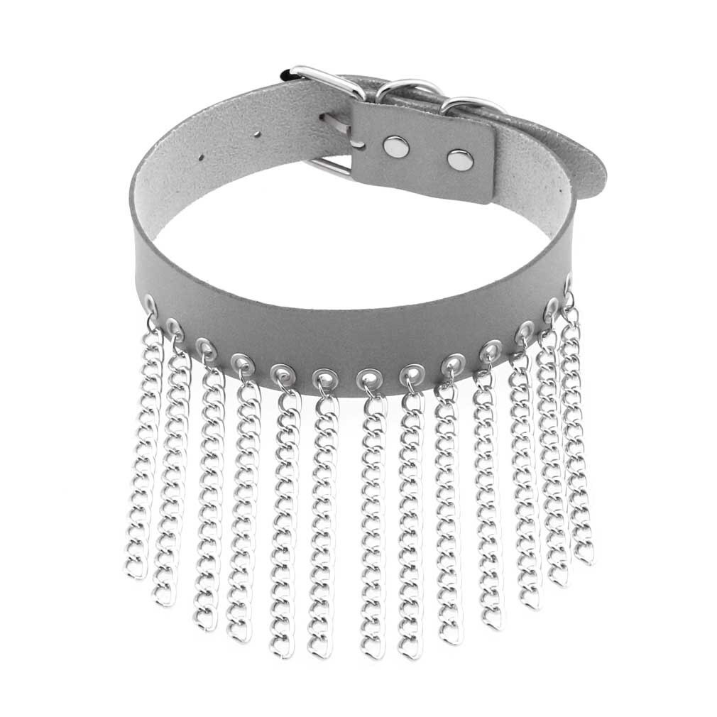 Chic punk black leather choker with silver chains, perfect goth collar for trendy women.