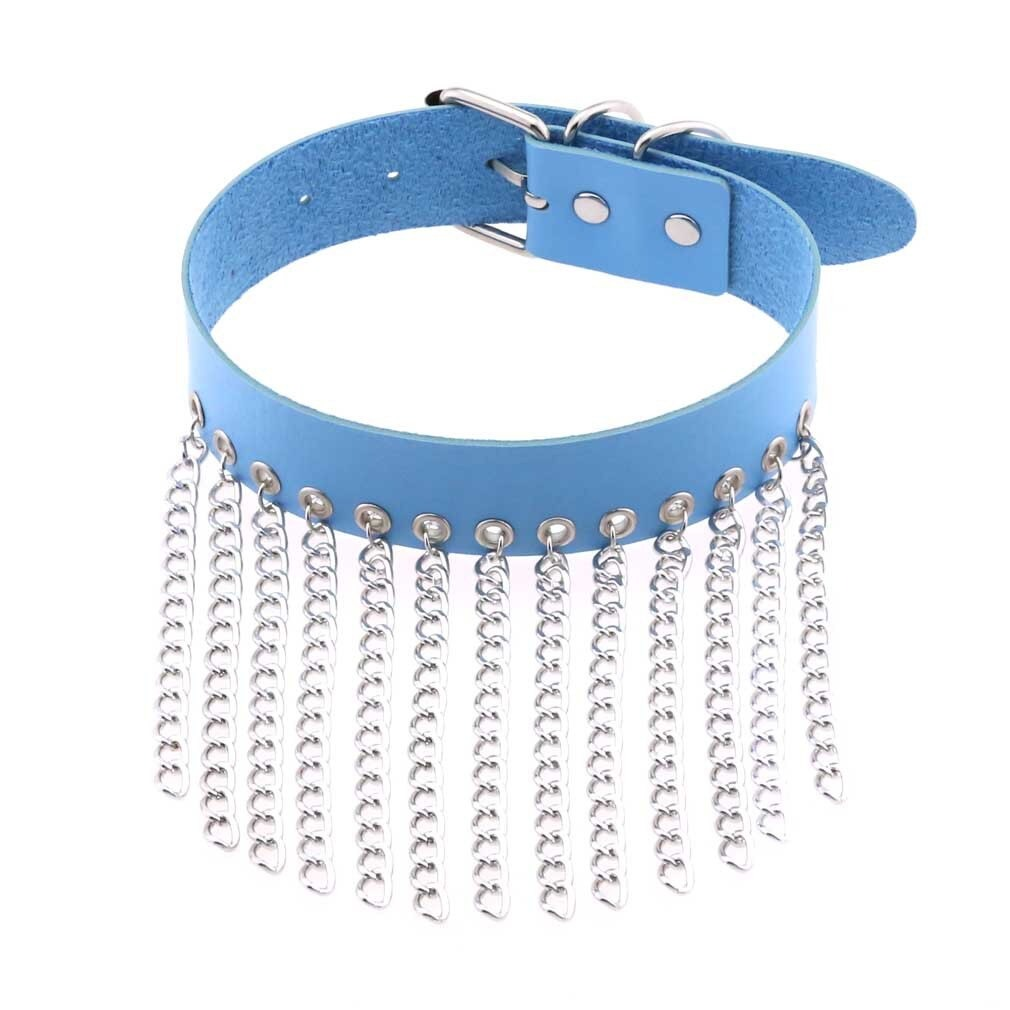 Punk blue leather choker with silver chains, perfect goth accessory for women, stylish fashion statement.