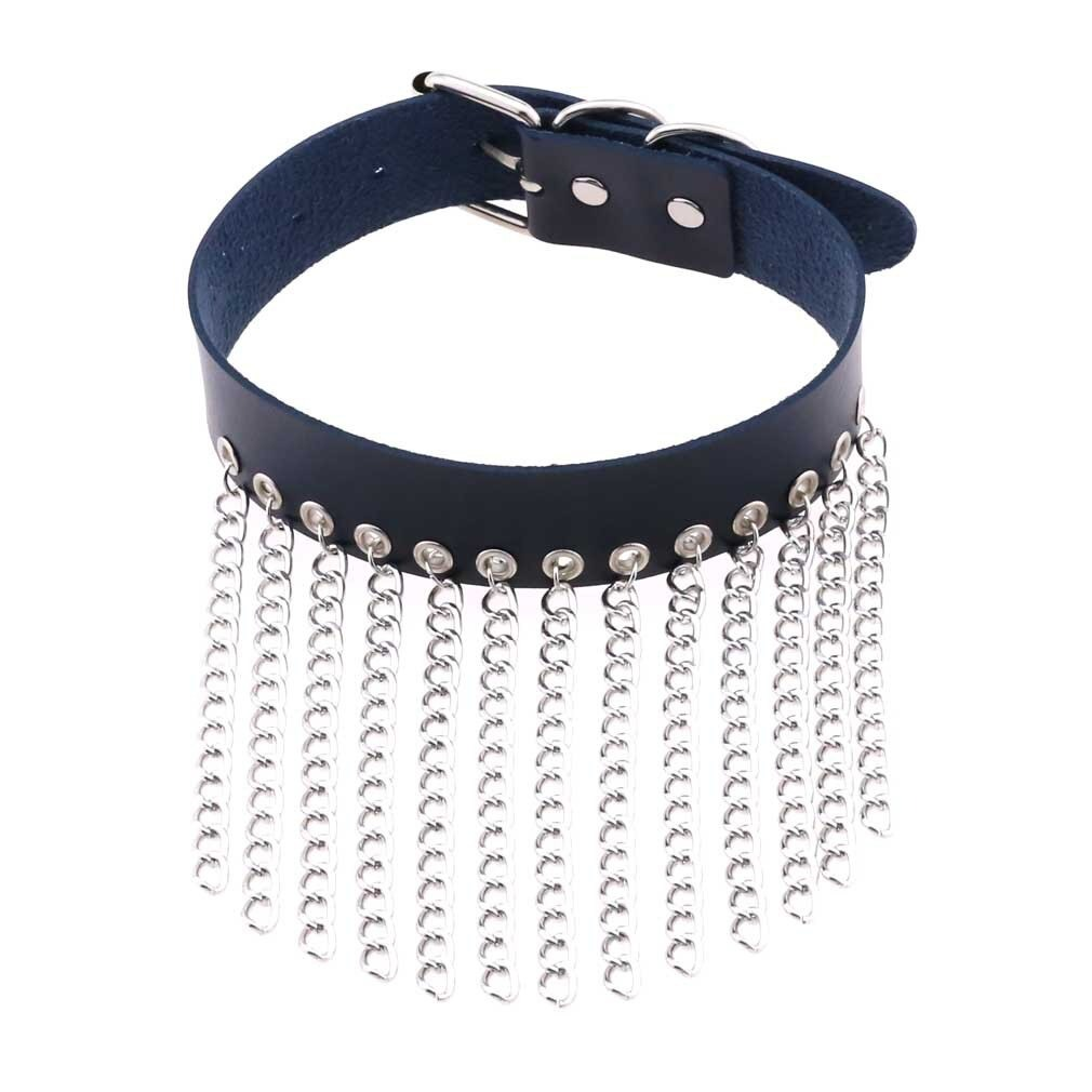 Punk black leather choker with silver chains, stylish goth collar for women, trendy fashion accessory.