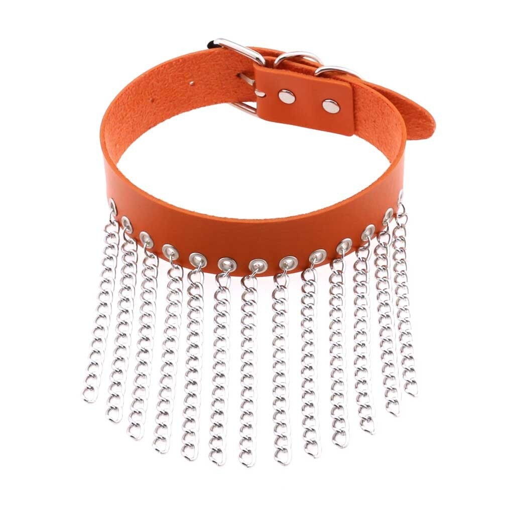 Punk orange leather choker with silver chains, a stylish accessory for women, adding flair to any outfit.