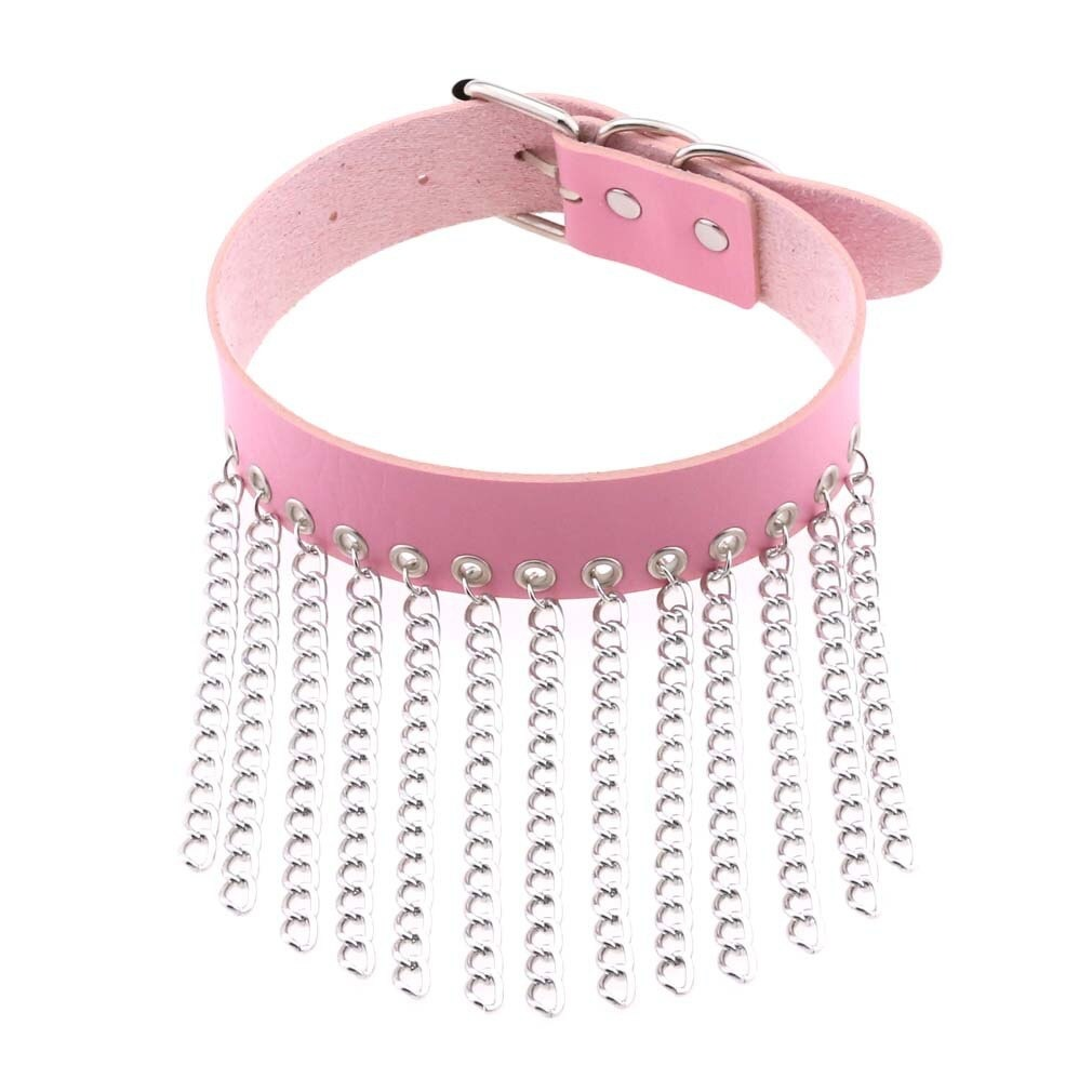 Pink leather choker adorned with silver chains, perfect for punk fashion and bold accessories for women.
