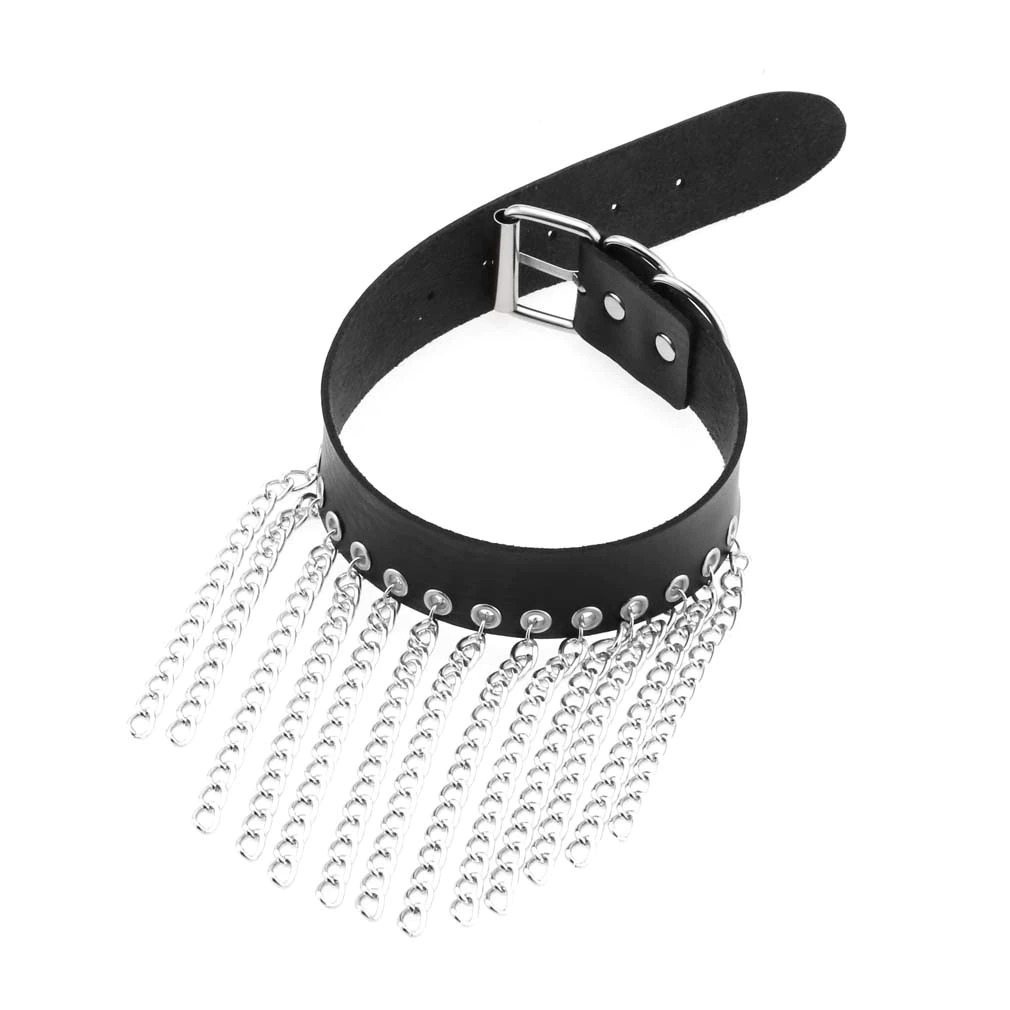 Punk black leather choker with chains for women, stylish goth collar accessory, perfect for fashion-forward looks.