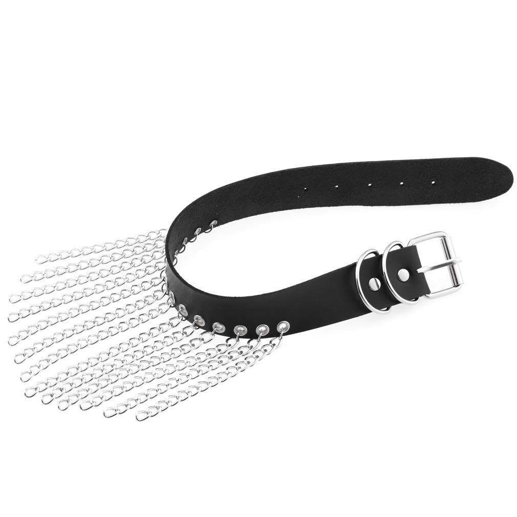 Punk black leather choker with silver chains, perfect goth collar accessory for women.