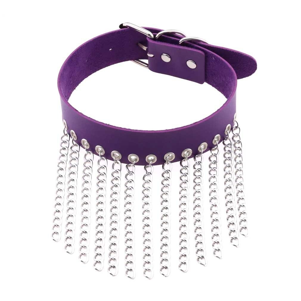 Punk purple leather choker with silver chains for women, stylish goth collar accessory, perfect for fashion-forward looks.