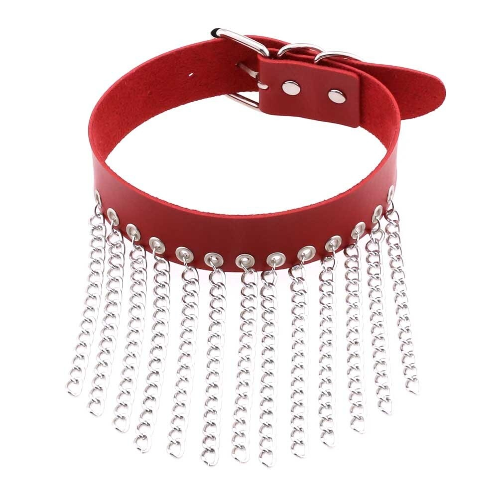 Red leather choker with silver chains, perfect punk accessory for women, adding edgy style to any outfit.