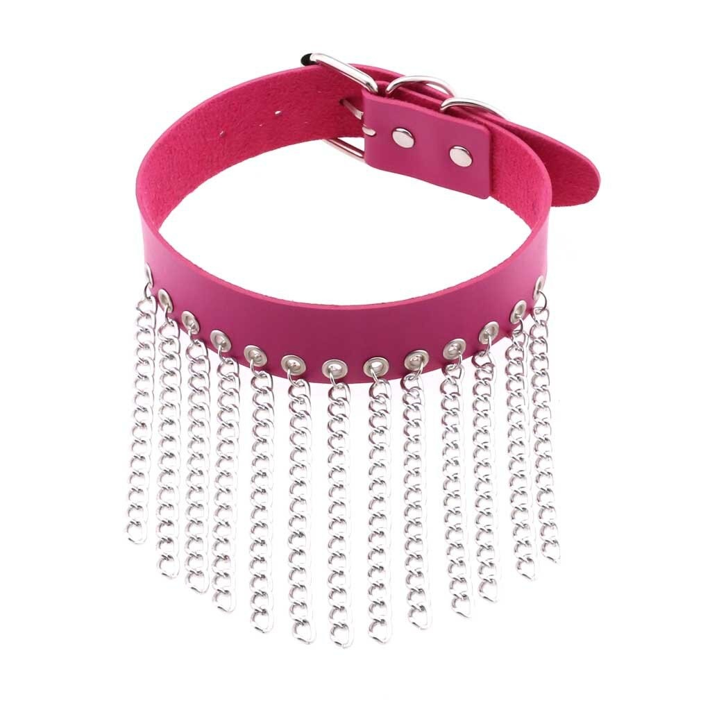 Punk pink leather choker with silver chains, a stylish accessory for edgy fashion lovers.