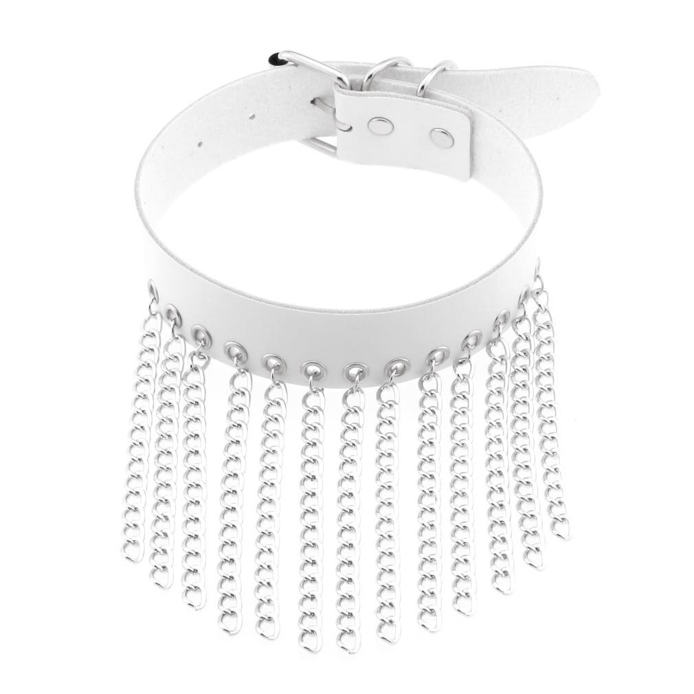 White faux leather choker with silver chains, a stylish punk accessory for edgy women's fashion.