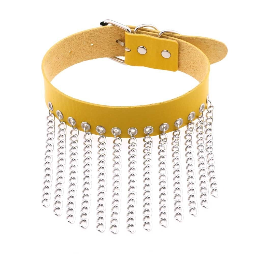 Punk yellow leather choker with silver chains, a stylish accessory for goth fashion lovers, perfect for bold looks.