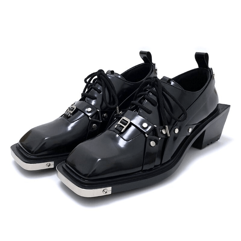 Punk Black Metal Buckle Belt Leather Shoes / Unique Men's Lace-Up Square Heels Shoes