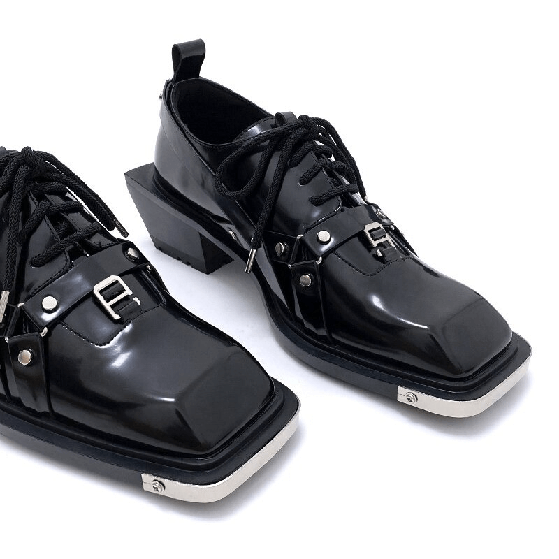 Punk Black Metal Buckle Belt Leather Shoes Unique Men s Lace Up Square Heels Shoes