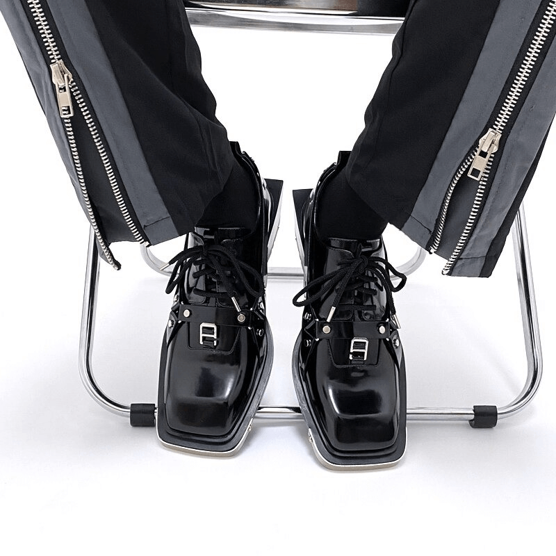 Punk Black Metal Buckle Belt Leather Shoes / Unique Men's Lace-Up Square Heels Shoes