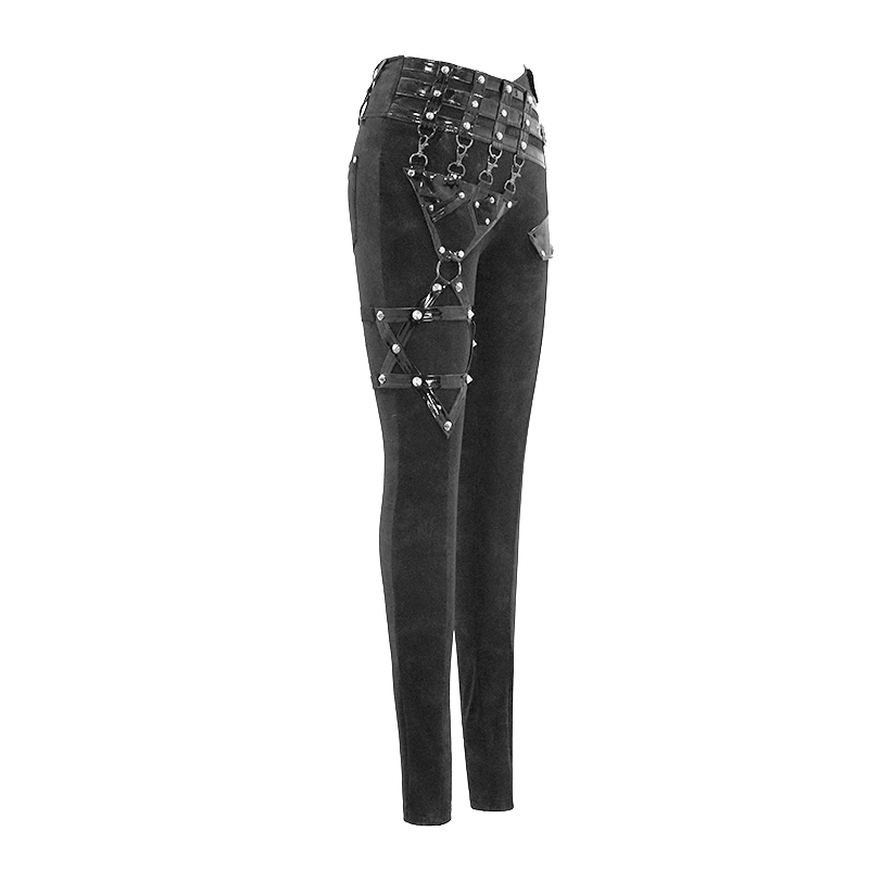 Punk Black Pants with Pentagram Harness Belts / Zipper Trousers with Vinil Pockets for Women - HARD'N'HEAVY