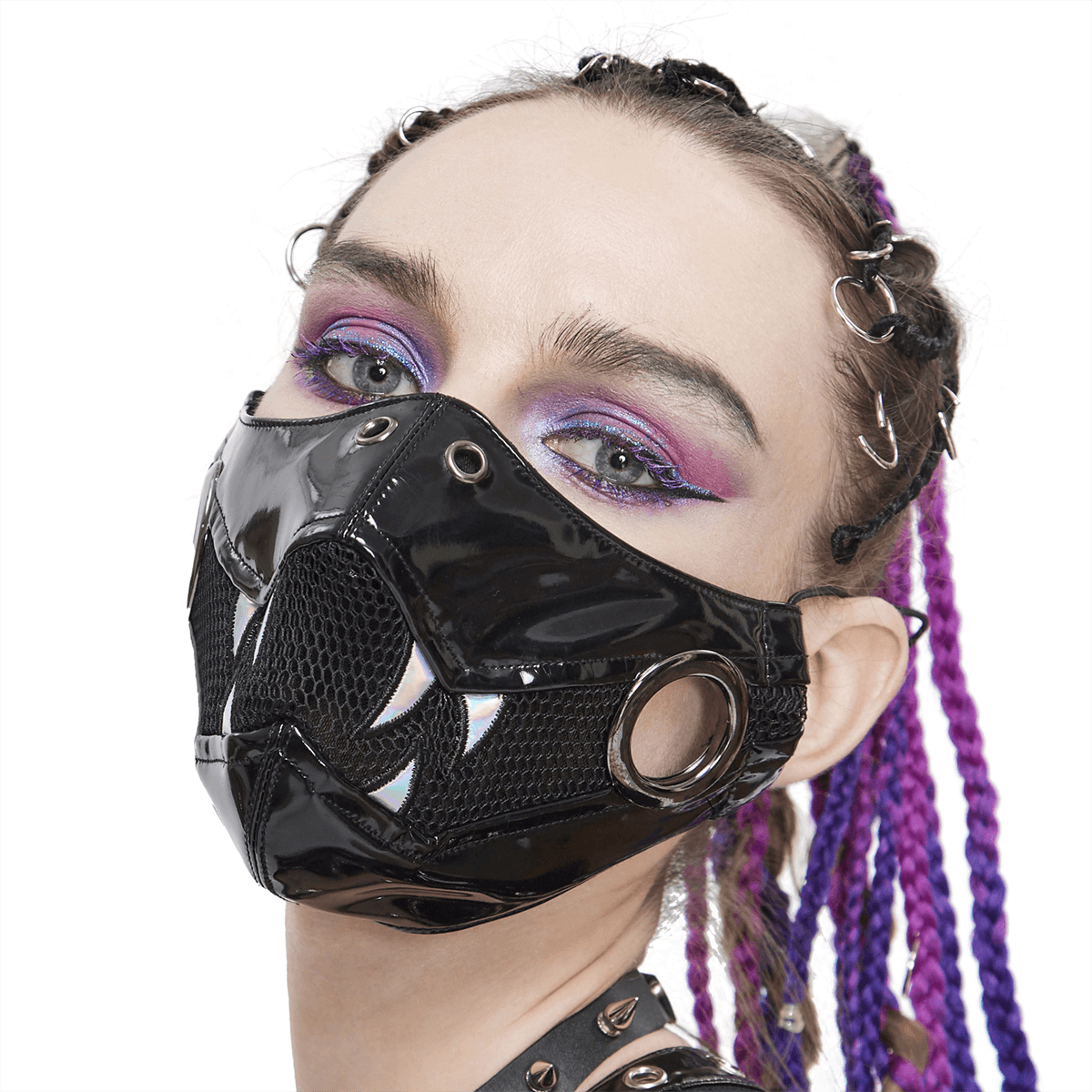 Punk Black PU Leather and Net Mask With Light Fang / Women's Holographic Gothic Face Mask - HARD'N'HEAVY