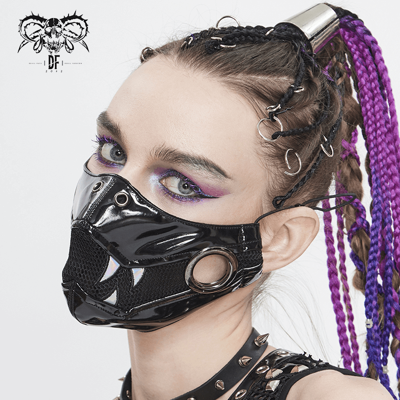 Punk Black PU Leather and Net Mask With Light Fang / Women's Holographic Gothic Face Mask - HARD'N'HEAVY