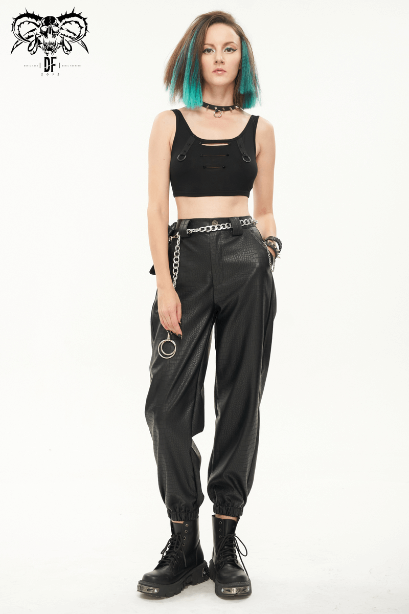 Punk Black PU Leather Cargo Pants / Women's Trousers with Thick Metal Chain & Small Waistbag - HARD'N'HEAVY