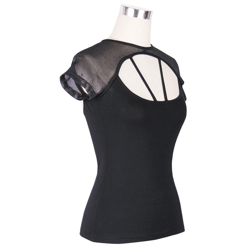 Stylish black women's T-shirt with mesh sleeves and back cutout, perfect for gothic fashion lovers.