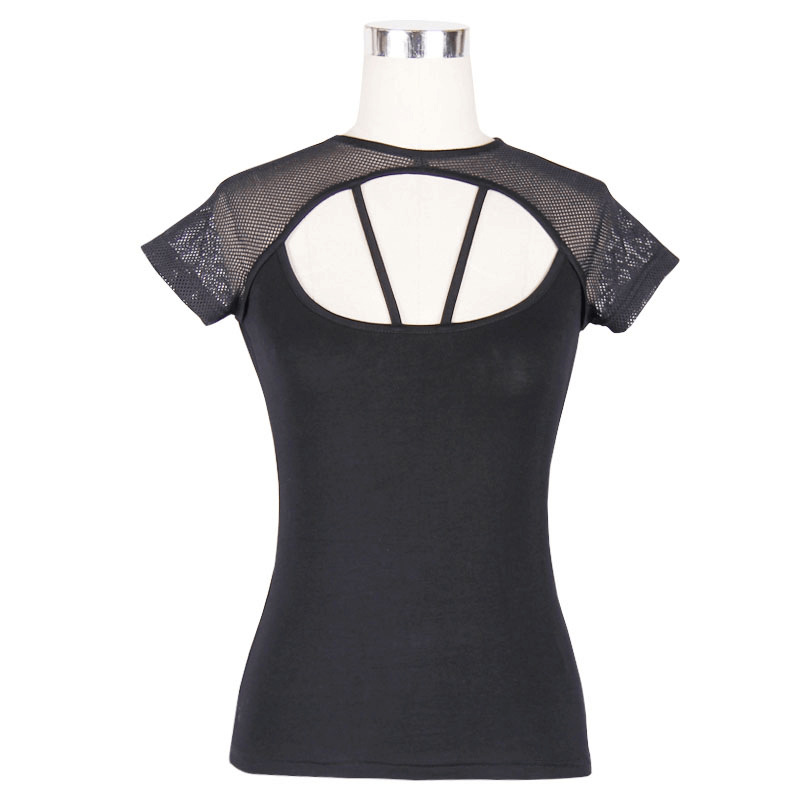 Stylish women's black gothic t-shirt with mesh sleeves and back cutout for a trendy look.