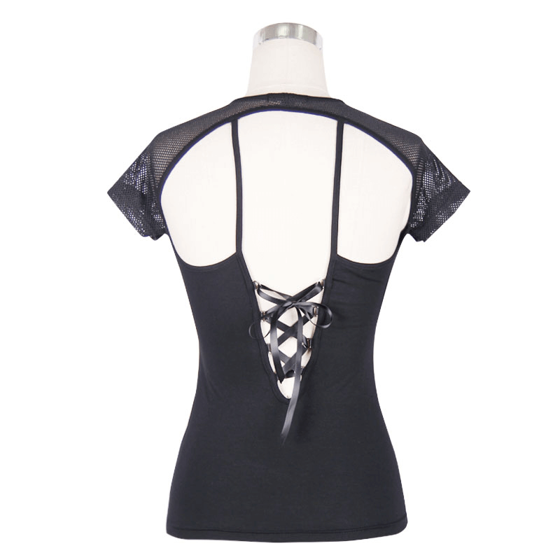 Back view of a punk black women's T-shirt with mesh sleeves and lace-up detail, showcasing gothic style and comfort.
