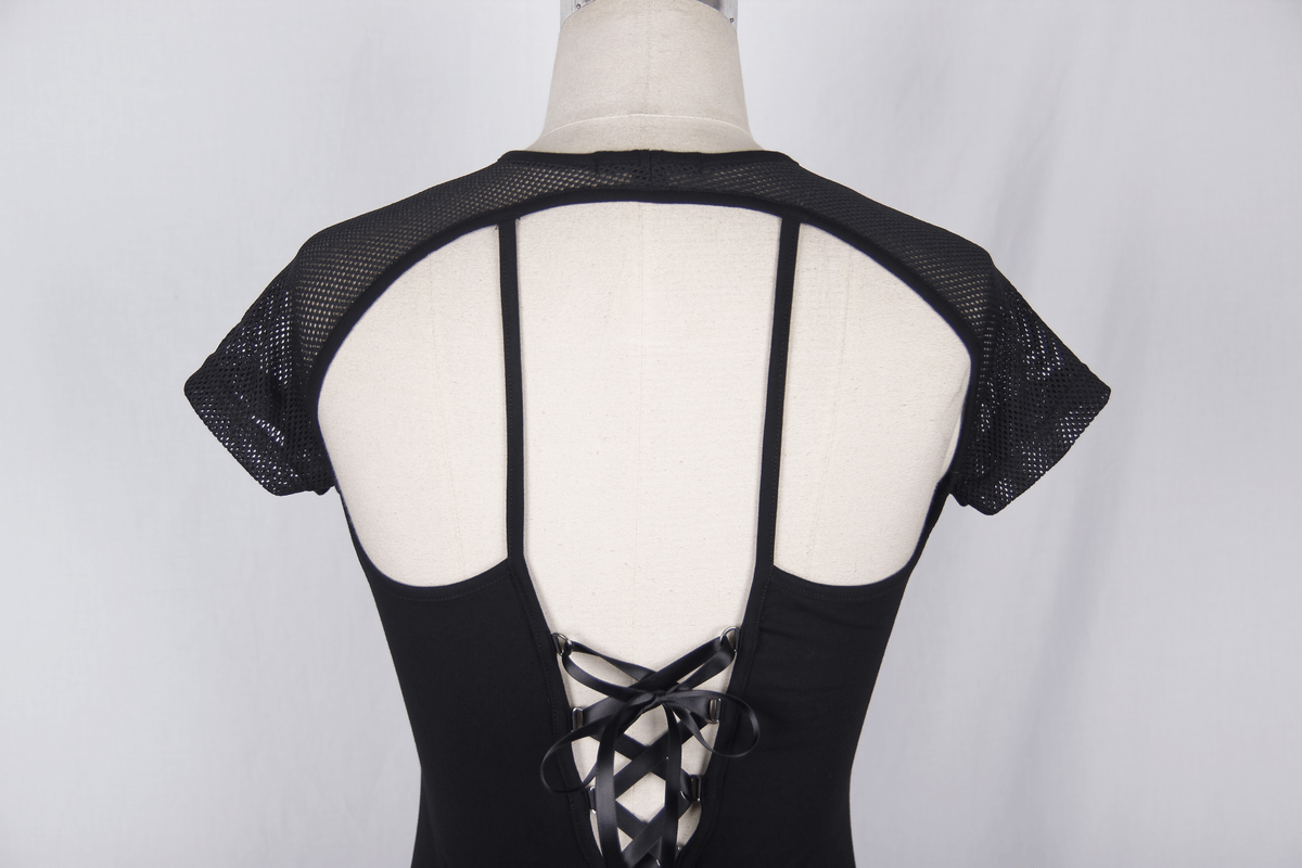 Back view of a black women's gothic t-shirt featuring mesh sleeves and lace-up detail for stylish comfort.