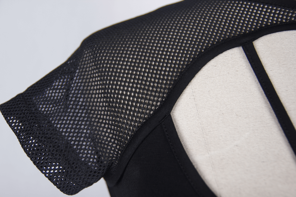 Close-up of the mesh sleeve on a black gothic t-shirt for women, showcasing stylish design and comfortable fit.