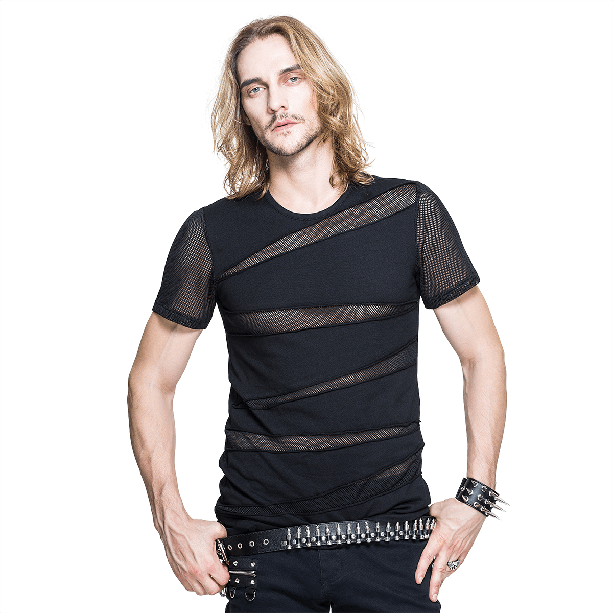 Stylish men's black punk t-shirt with mesh panels, showcasing a fitted design for a bold fashion statement.