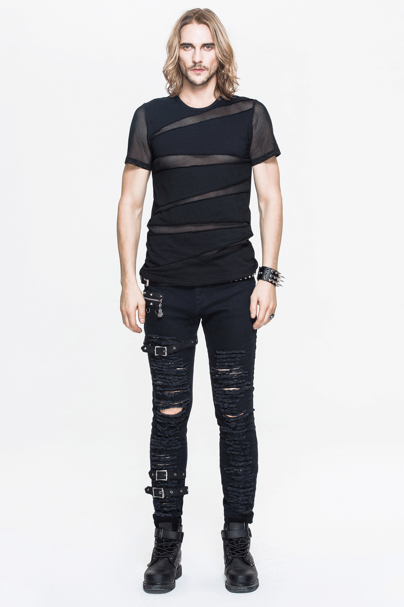 Stylish men's punk black t-shirt with mesh design, paired with ripped black jeans for an edgy look.