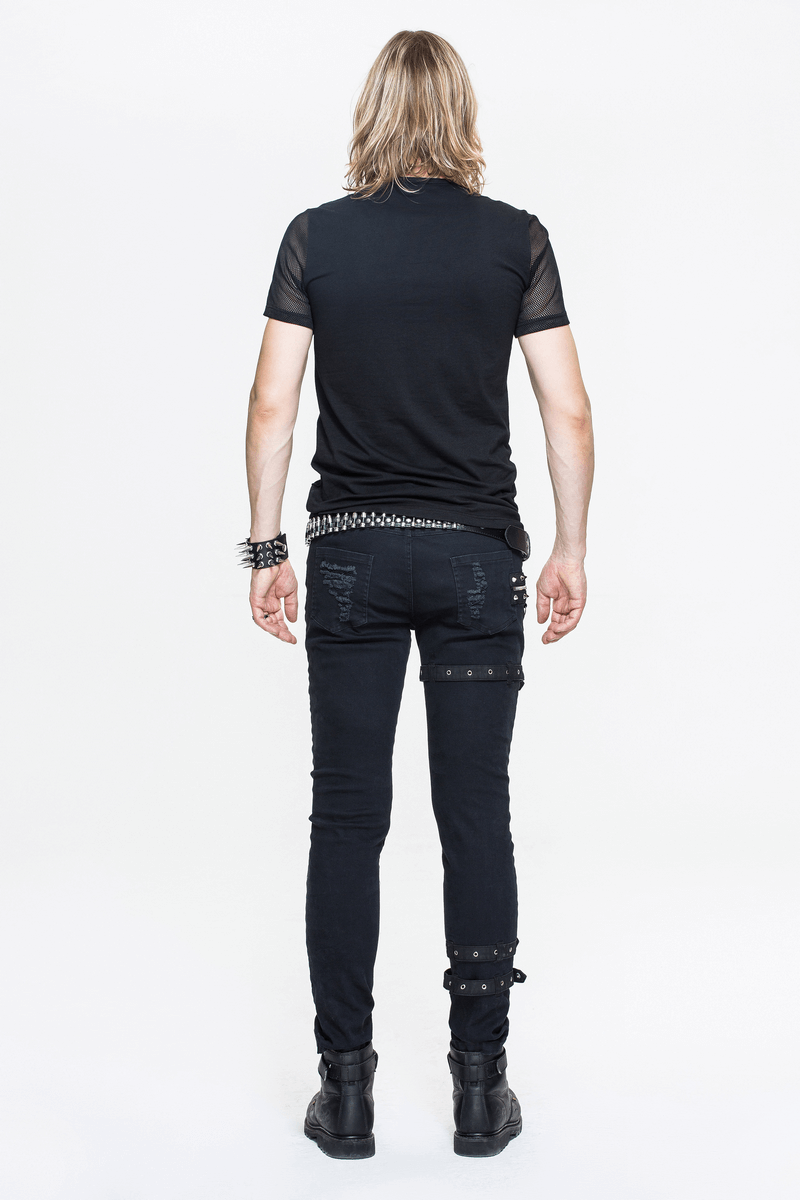 Punk Black Short Sleeves T-Shirt / Men's Asymmetric T-Shirt with Mesh / Transparent Casual Tops - HARD'N'HEAVY