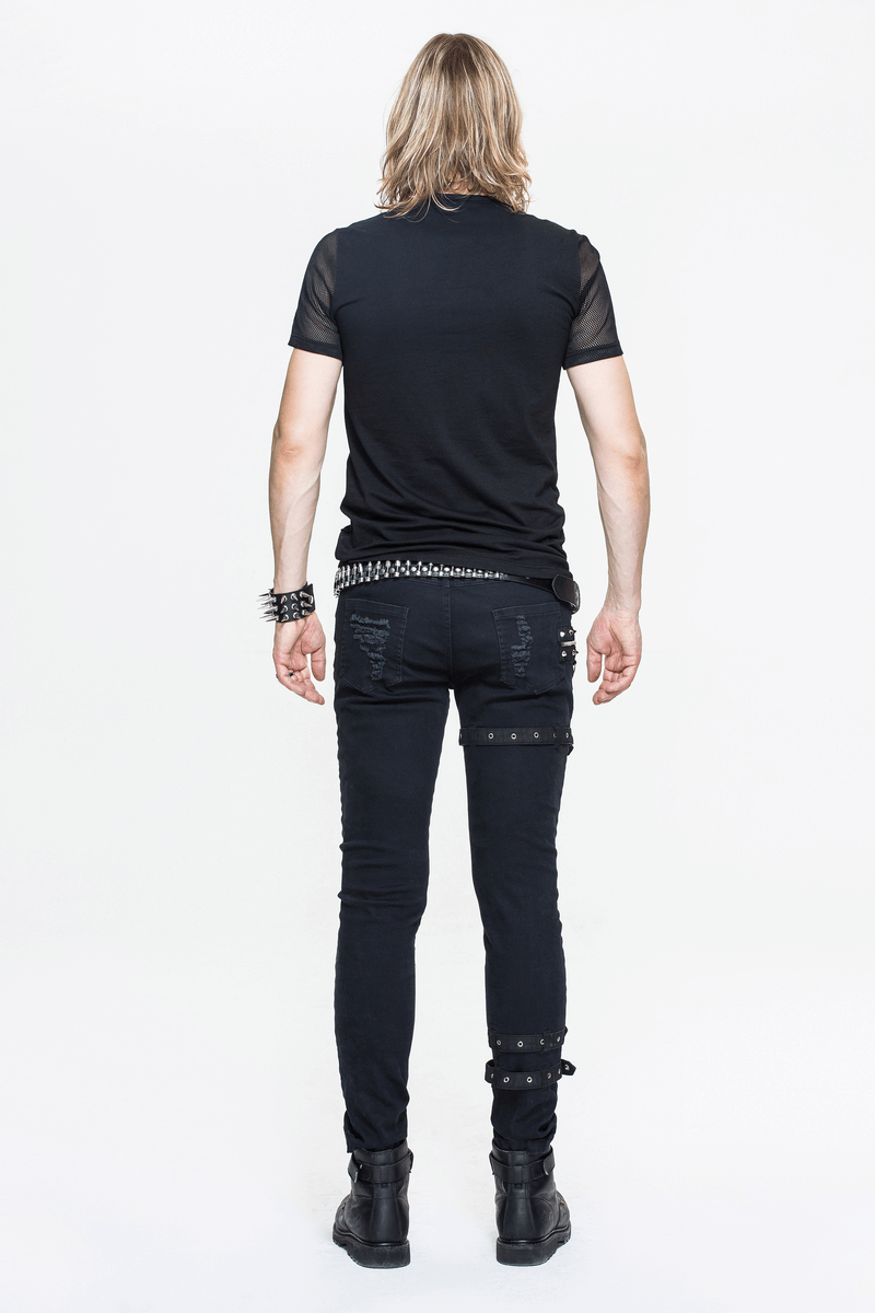 Model showcasing a punk black short sleeve t-shirt with mesh, paired with black skinny jeans and stylish accessories.