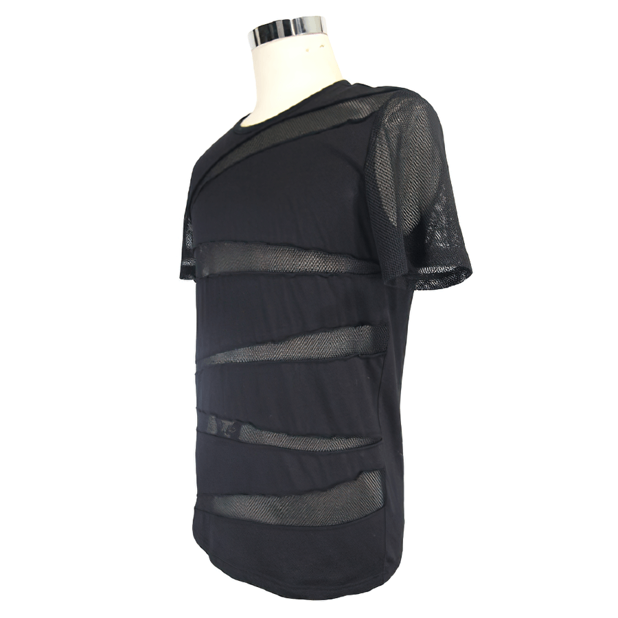 Men's punk black t-shirt with mesh panels and asymmetric design, perfect for edgy casual style.