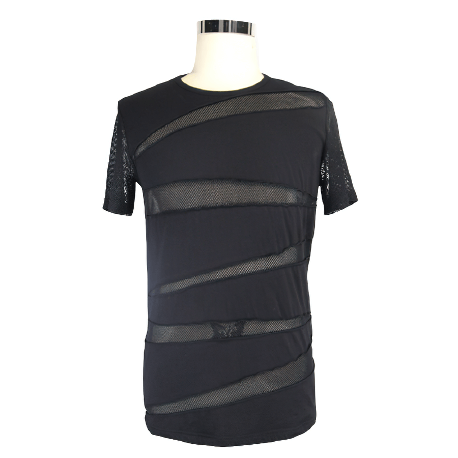 Men's punk black short sleeve t-shirt with asymmetric mesh design for a bold, stylish look.