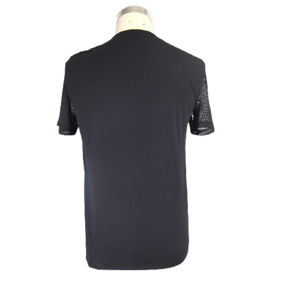 Back view of men's black punk short sleeves t-shirt featuring mesh details for a unique style.