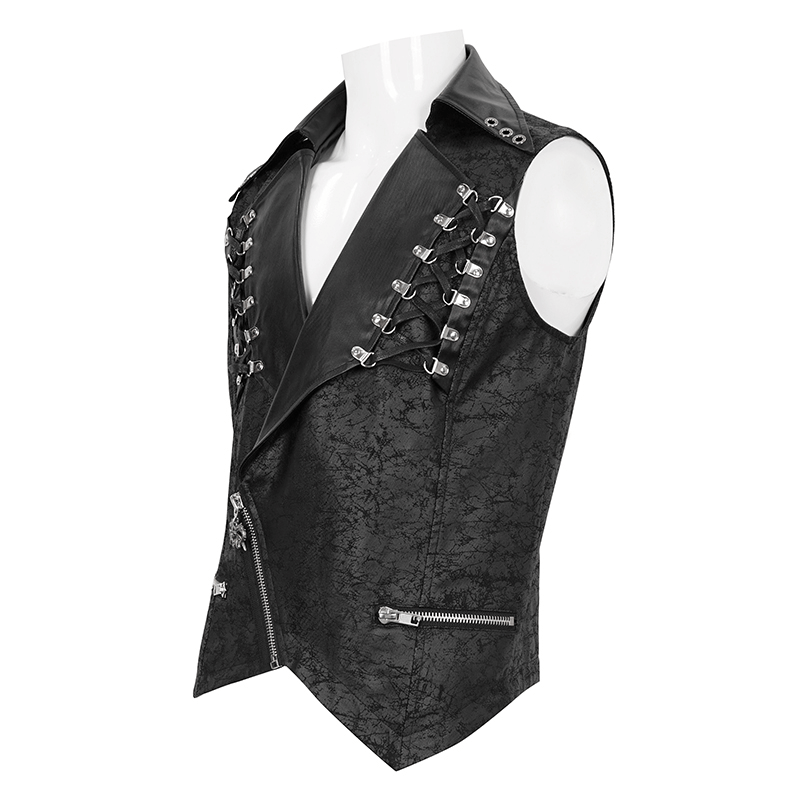 Men's punk black short vest with zipper front, lapel collar, metal eyelets, and bold design for a trendy look.
