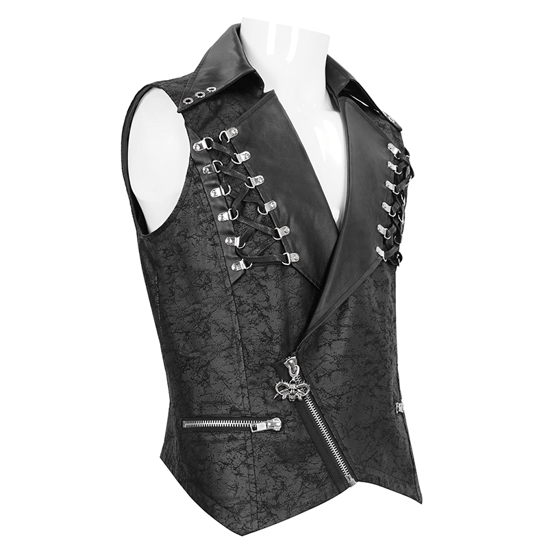 Punk Black Short Vest with Zipper Front / Men's Lapel Collar Vest With Metal Eyelets and Rings