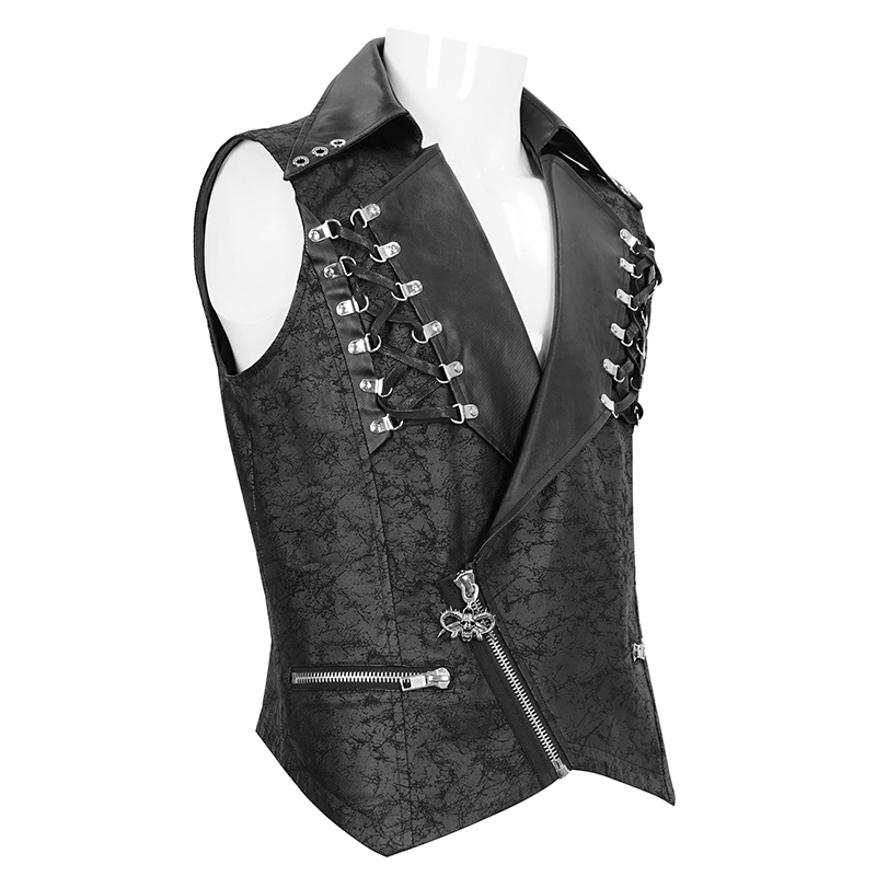 Stylish punk black short vest with zipper front, lapel collar, and metal eyelets, perfect for a bold fashion statement.