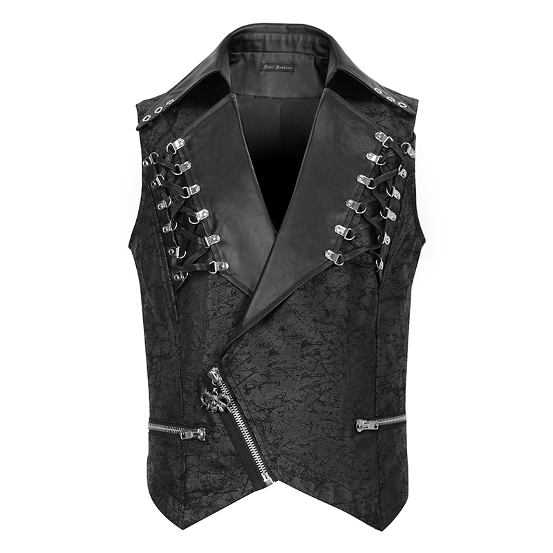 Men's punk black short vest with zipper front, lapel collar, metal eyelets, and rings for a bold style.