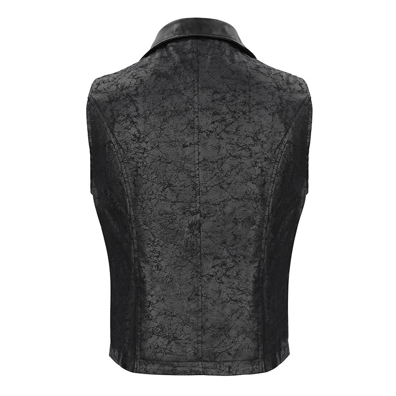 Back view of a men's punk black short vest with lapel collar, showcasing a textured design and stylish cut.