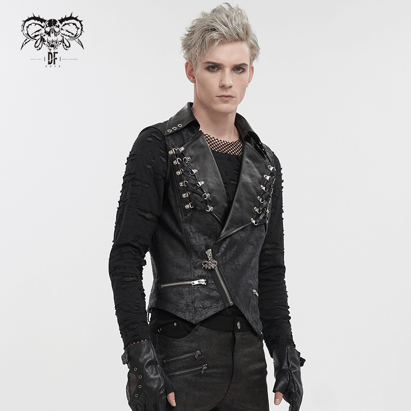 Punk Black Short Vest with Zipper Front / Men's Lapel Collar Vest With Metal Eyelets and Rings
