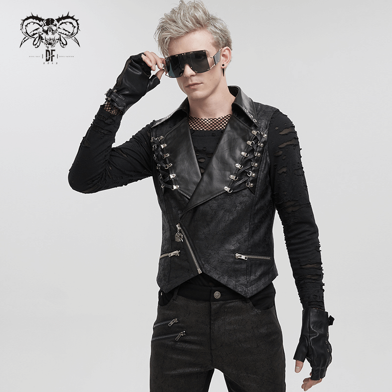 Men's punk black short vest with zipper front, lapel collar, and metal eyelets, perfect for a bold fashion statement.
