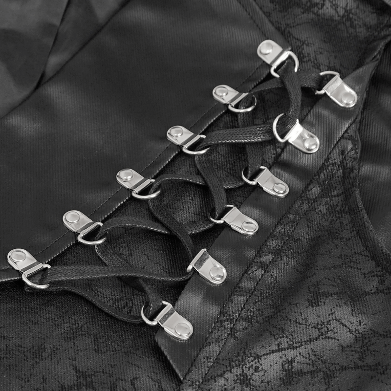 Close-up of punk black vest detail featuring metal eyelets and lace-up design for edgy style.