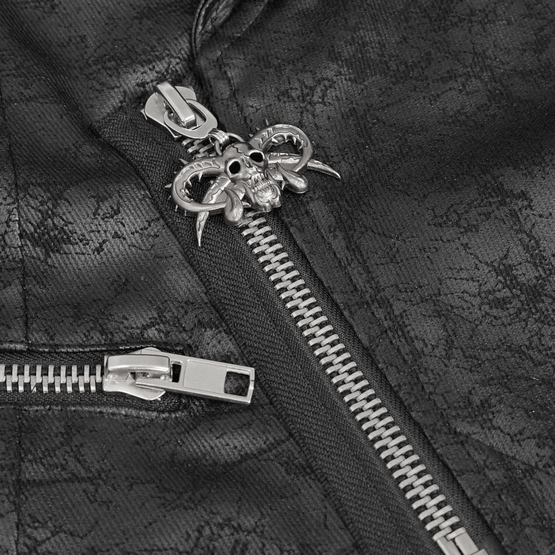Close-up of a punk black vest zipper featuring a skull and ram horns pull, highlighting edgy metal details.