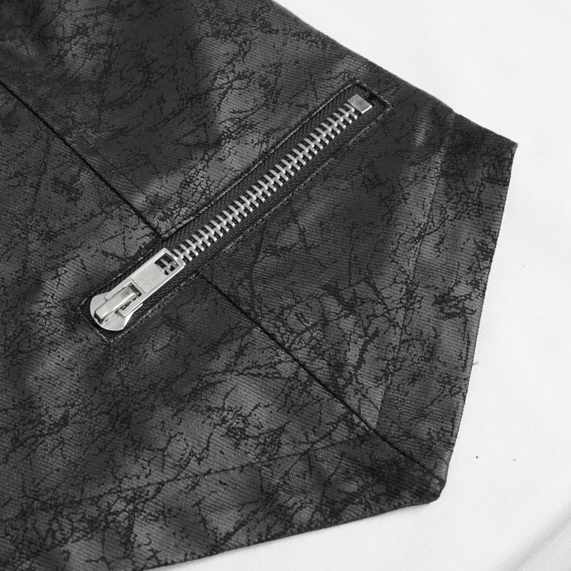 Close-up of the zipper detail on a punk black short vest, showcasing sleek design and edgy texture.
