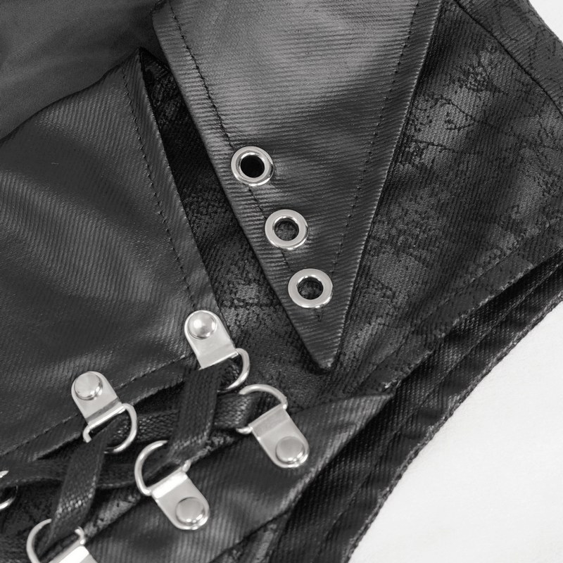 Close-up of men's punk black vest showcasing zipper, lapel collar, and metal eyelets for a bold fashion statement.