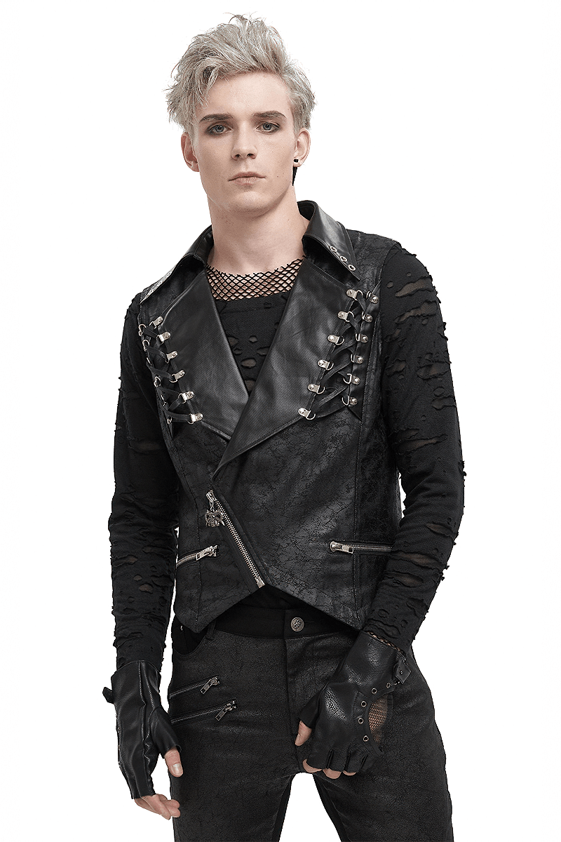 Men's punk black short vest with zipper front, metal eyelets, and lapel collar, holding a bold fashion statement.