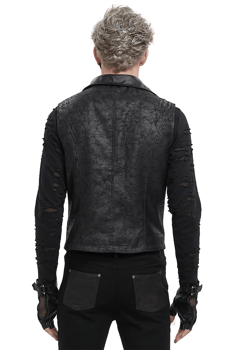 Back view of men's punk black short vest with lapel collar and distressed sleeves, showcasing a edgy style.